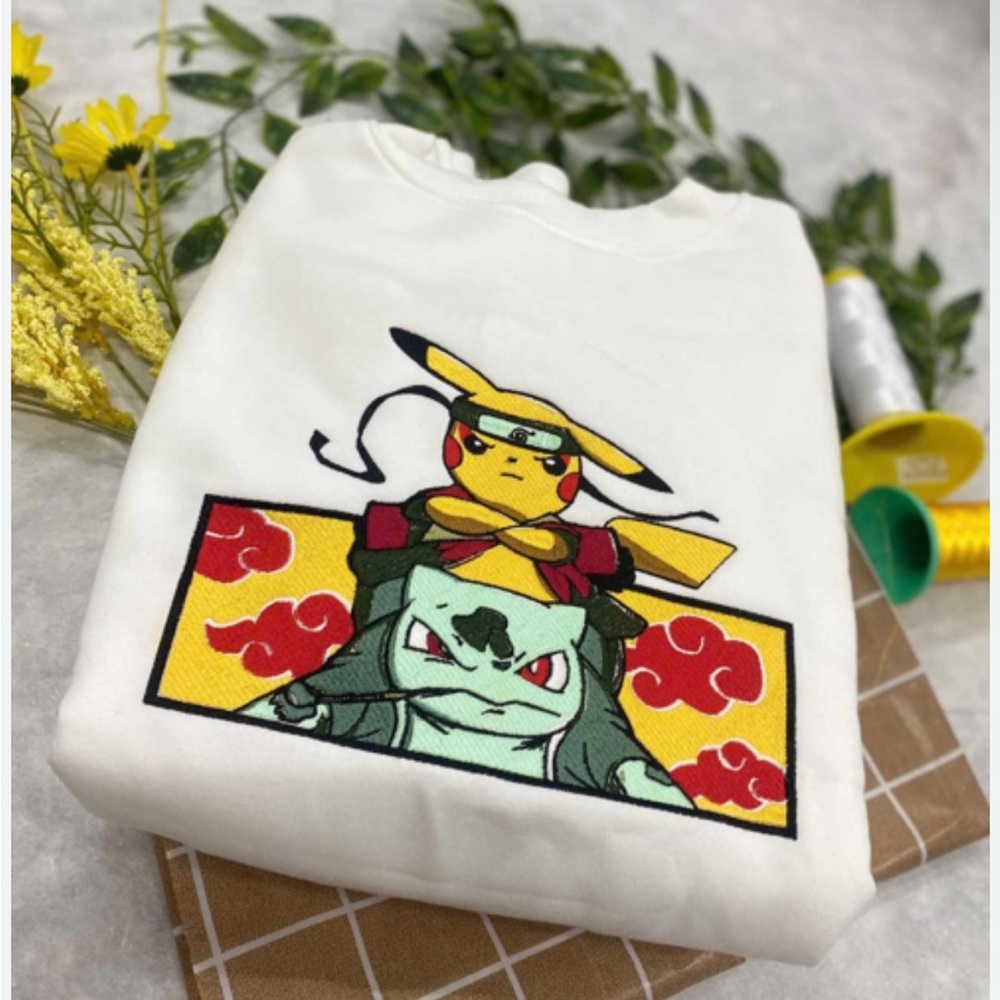 Anime Embroidered Crewneck  Pokemon X Naruto Best Anime Sweatshirt Sz. L